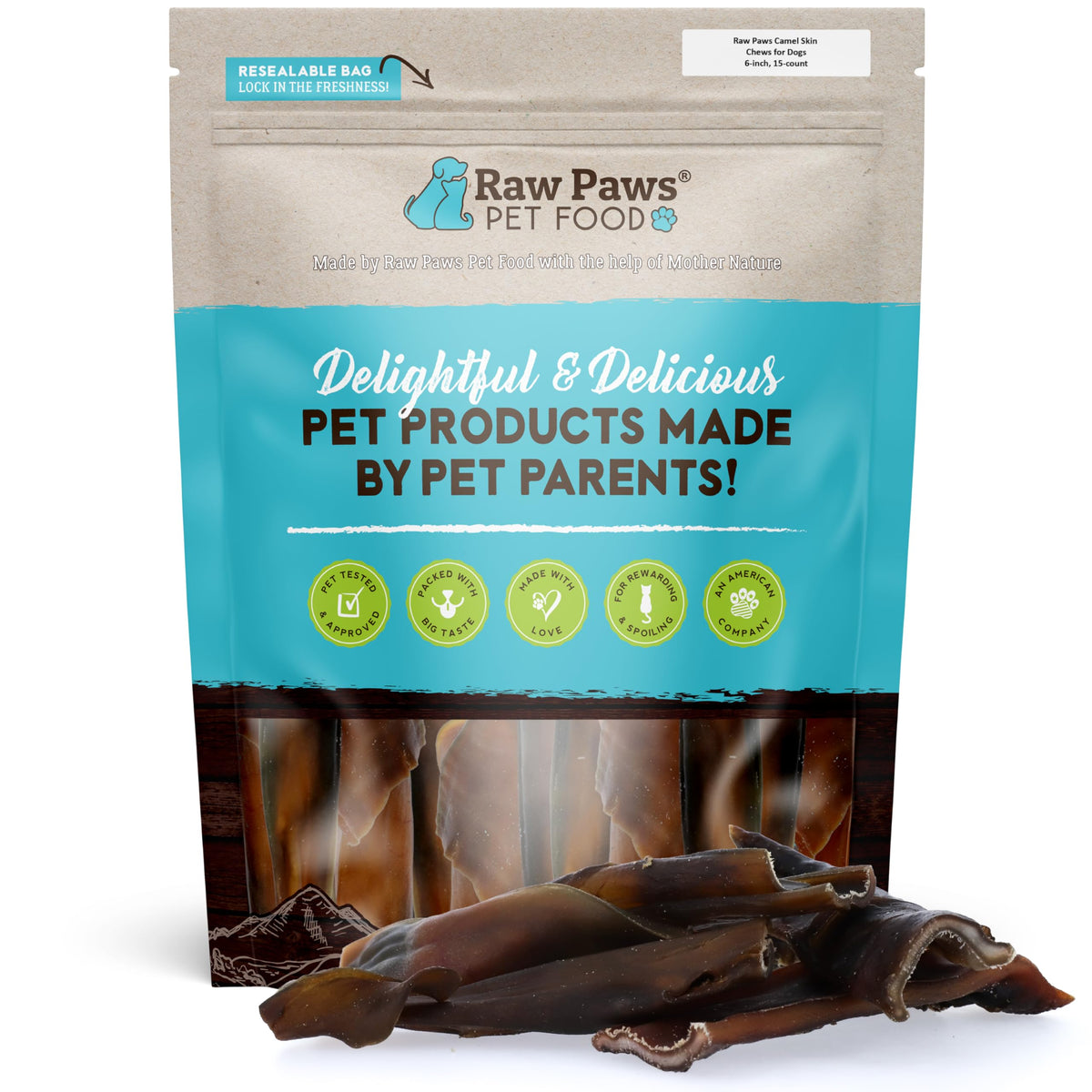 Raw Paws Camel Skin Chews, empaque listo para perros activos y curiosos.