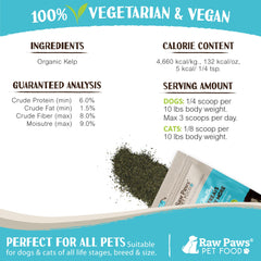 Raw Paws Polvo de Alga Kelp sobre comida para perros y gatos.