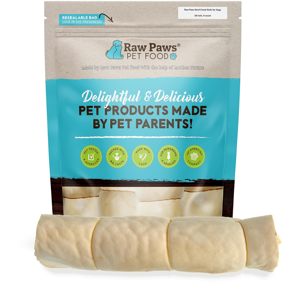 Raw Paws rollos de mejilla grande de res, snack natural para perros.