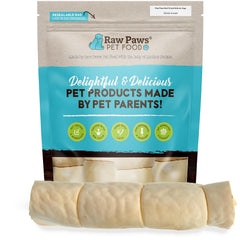 Raw Paws rollos de mejilla grande de res, snack natural para perros.