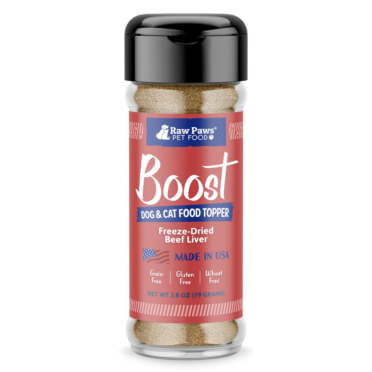 Raw Paws Boost frasco de hígado de res liofilizado para perros y gatos.