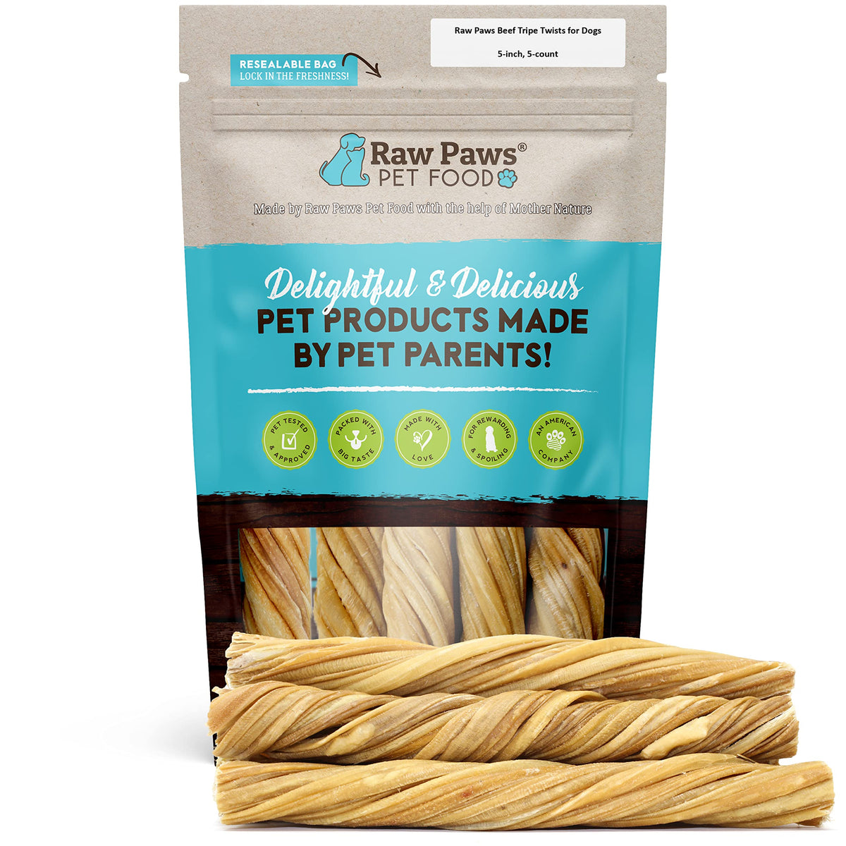 Raw Paws tiras de tripa de res giro de 5 pulgadas, masticables para perros.