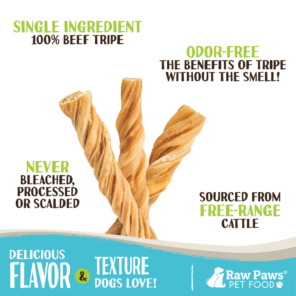 Raw Paws tripas verdes crujientes para perros, sabor natural.