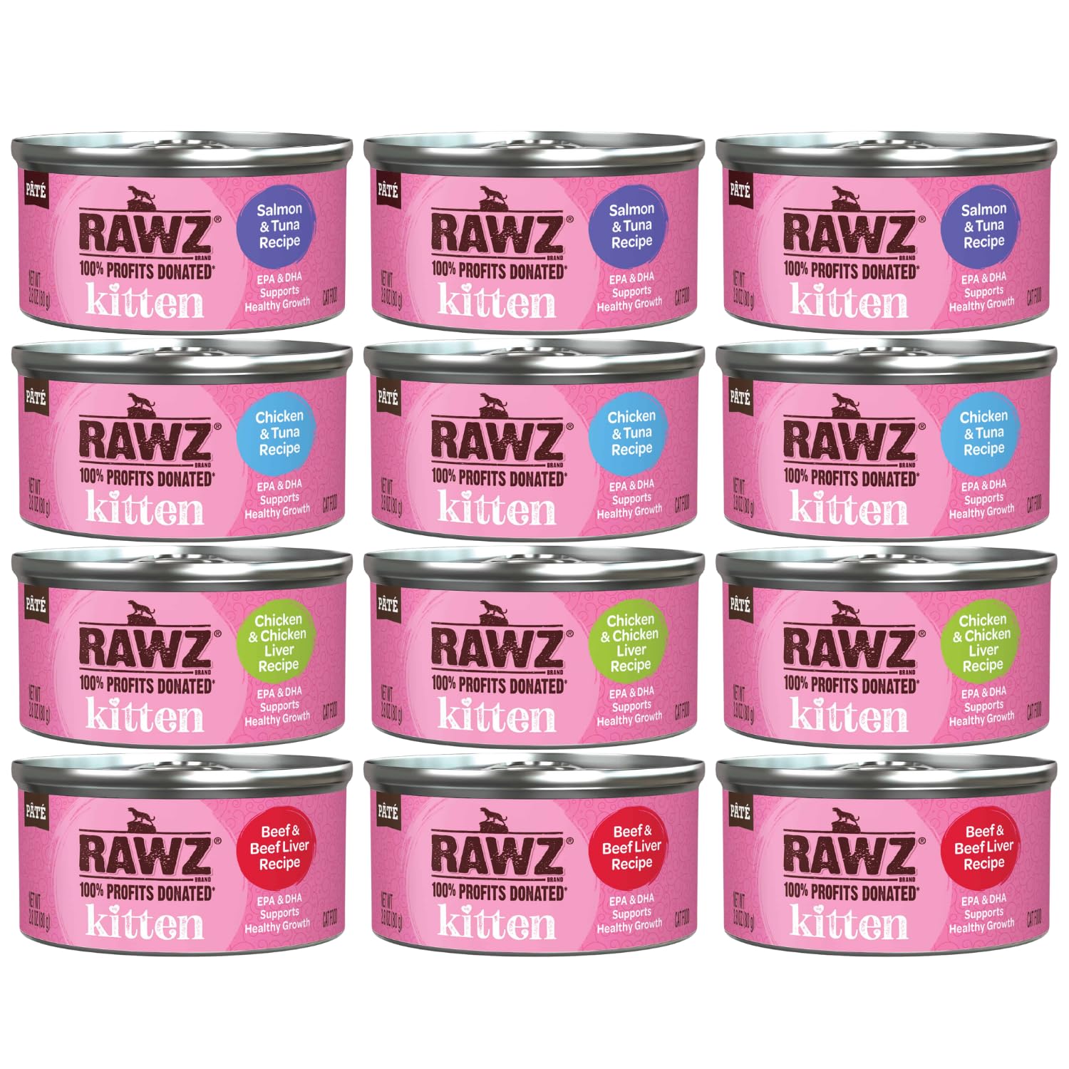 Rawz paté para gatitos con salmón en lata, alto contenido proteico.