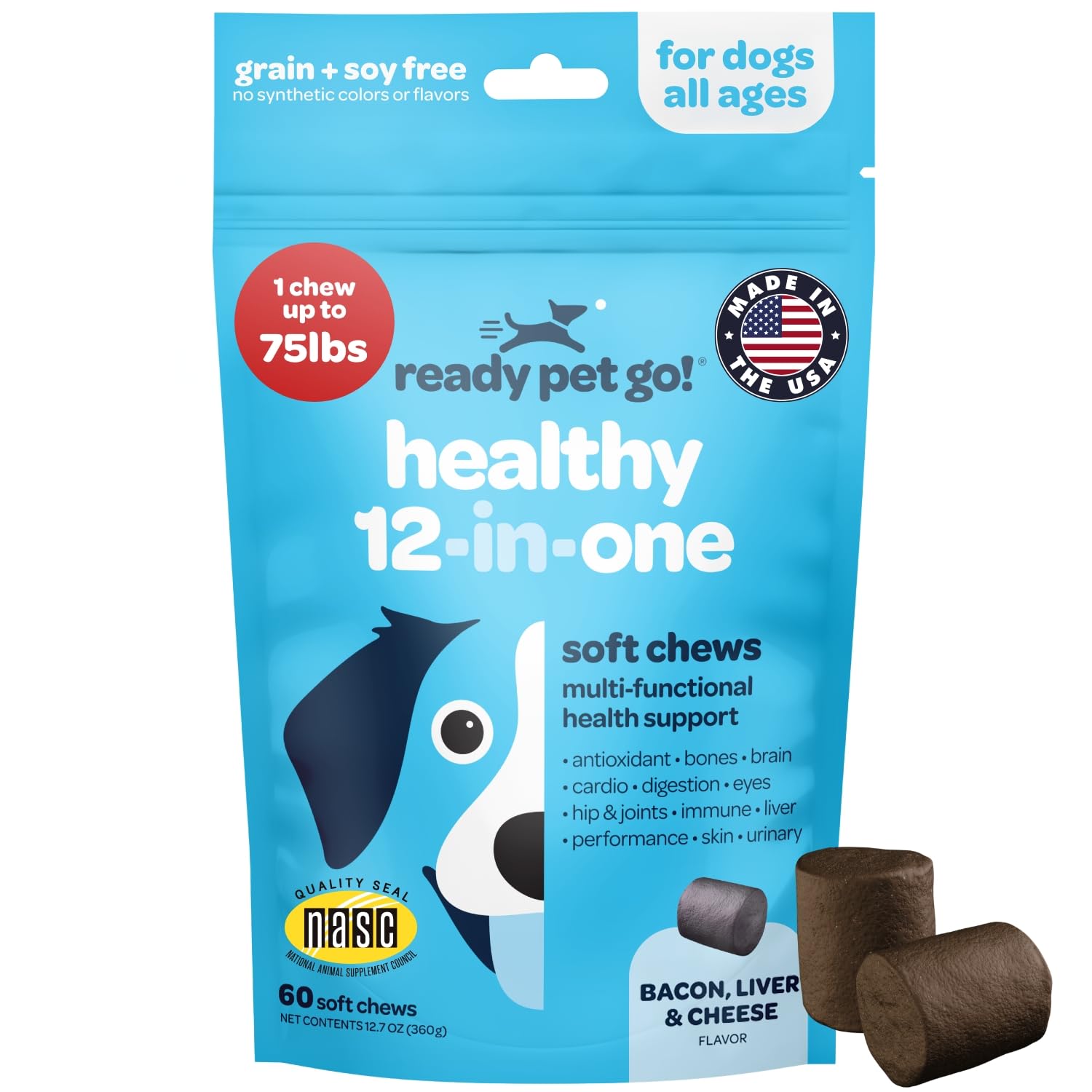 Ready Pet Go! 12-en-1, botella de suplementos para perros, apoyo nutricional general.