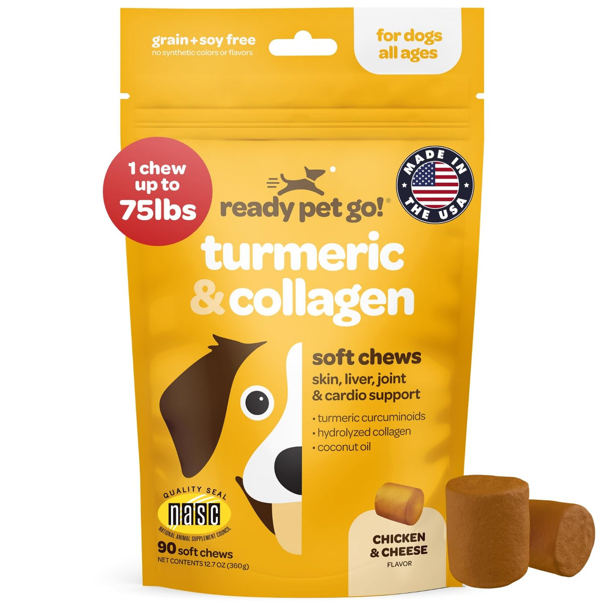 Ready Pet Go, cúrcuma para perros, masticables suaves para apoyo articular.