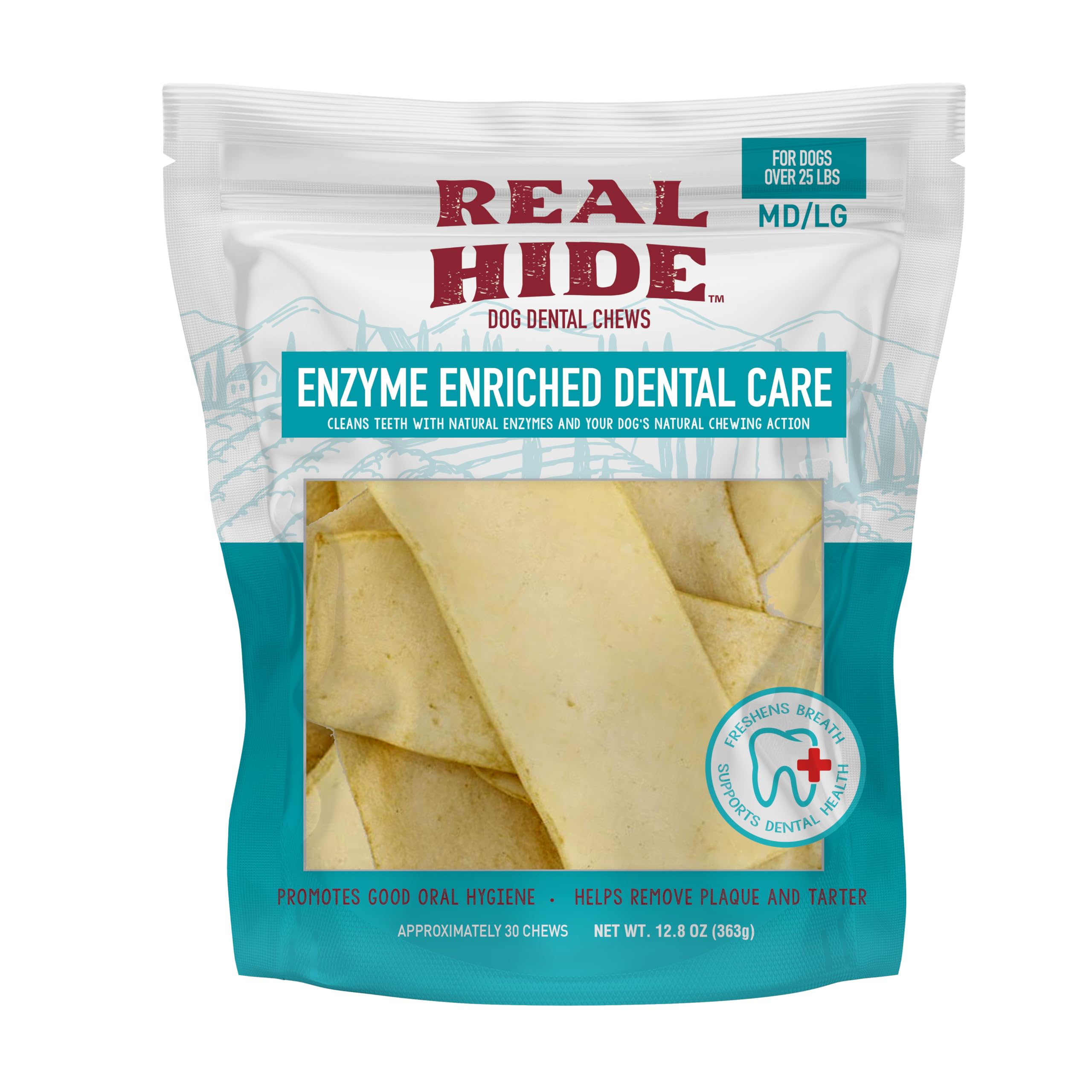 Real Hide masticables dentales enzimados para perros medianos y grandes, limpieza suave.