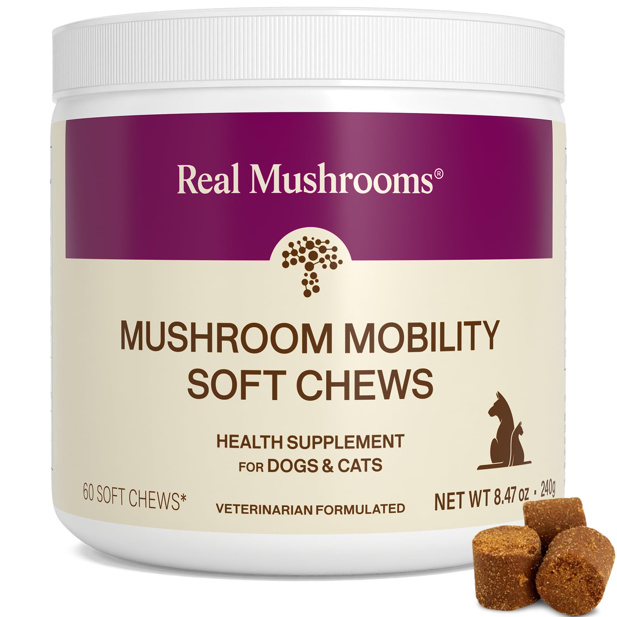 Real Mushrooms Mobility Chews para perros y gatos, apoyo a la movilidad diaria.
