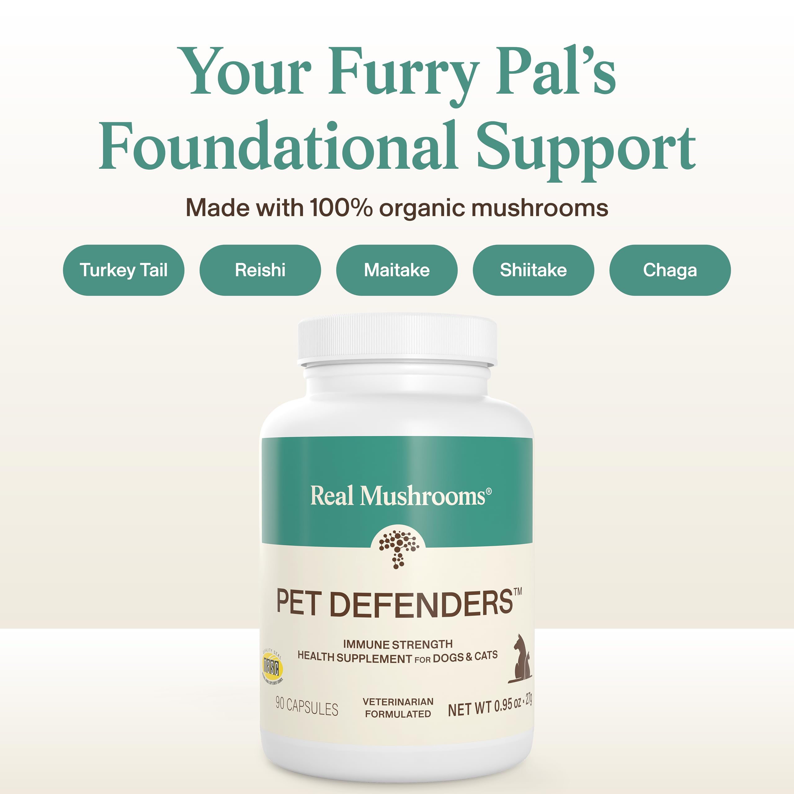 Real Mushrooms Pet Defenders con krill, mezcla de hongos orgánicos para perros y gatos.