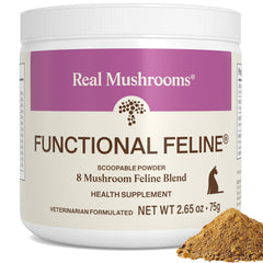 Real Mushrooms suplemento para gatos en polvo, fácil de mezclar en la comida diaria.
