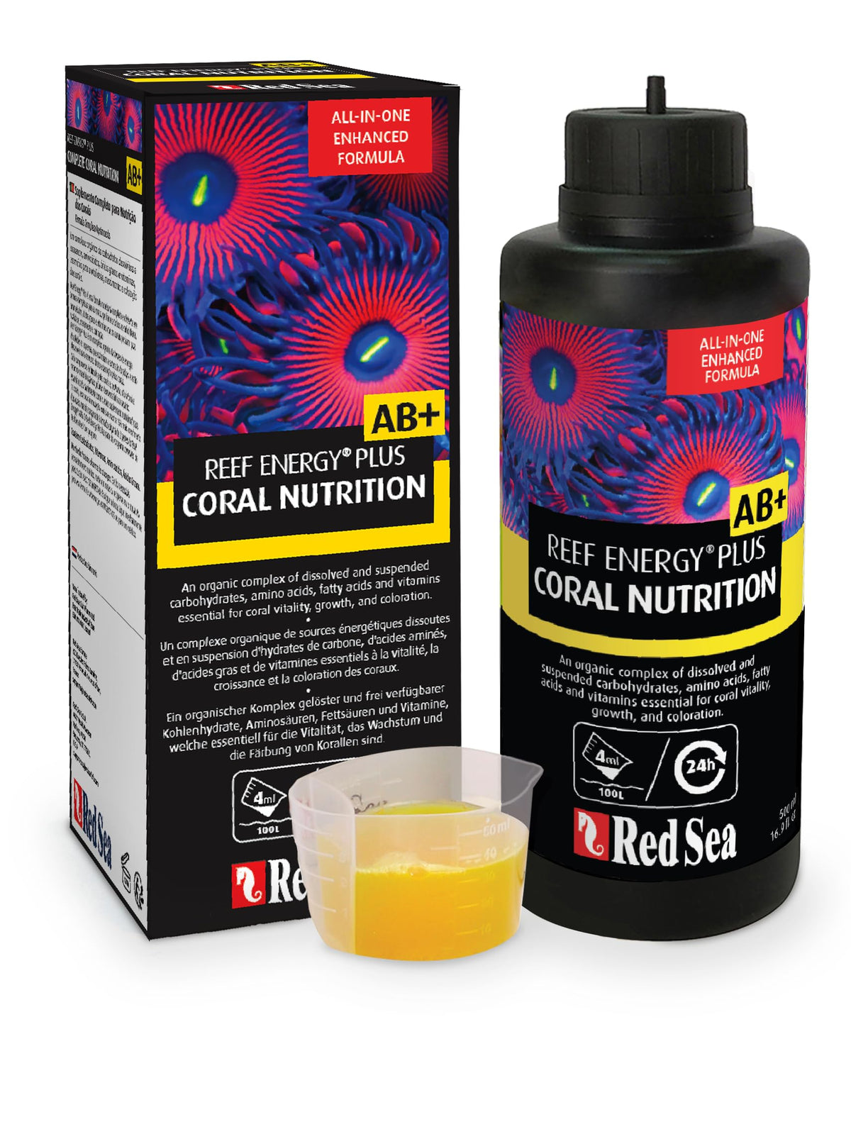 Red Sea Reef Energy Plus, botella vertiendo, alimento para corales para alimentación facil.
