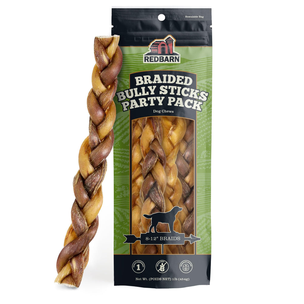 Redbarn bully sticks trenzados de 8-12 pulgadas para perros medianos y grandes, experiencia de sabor natural.