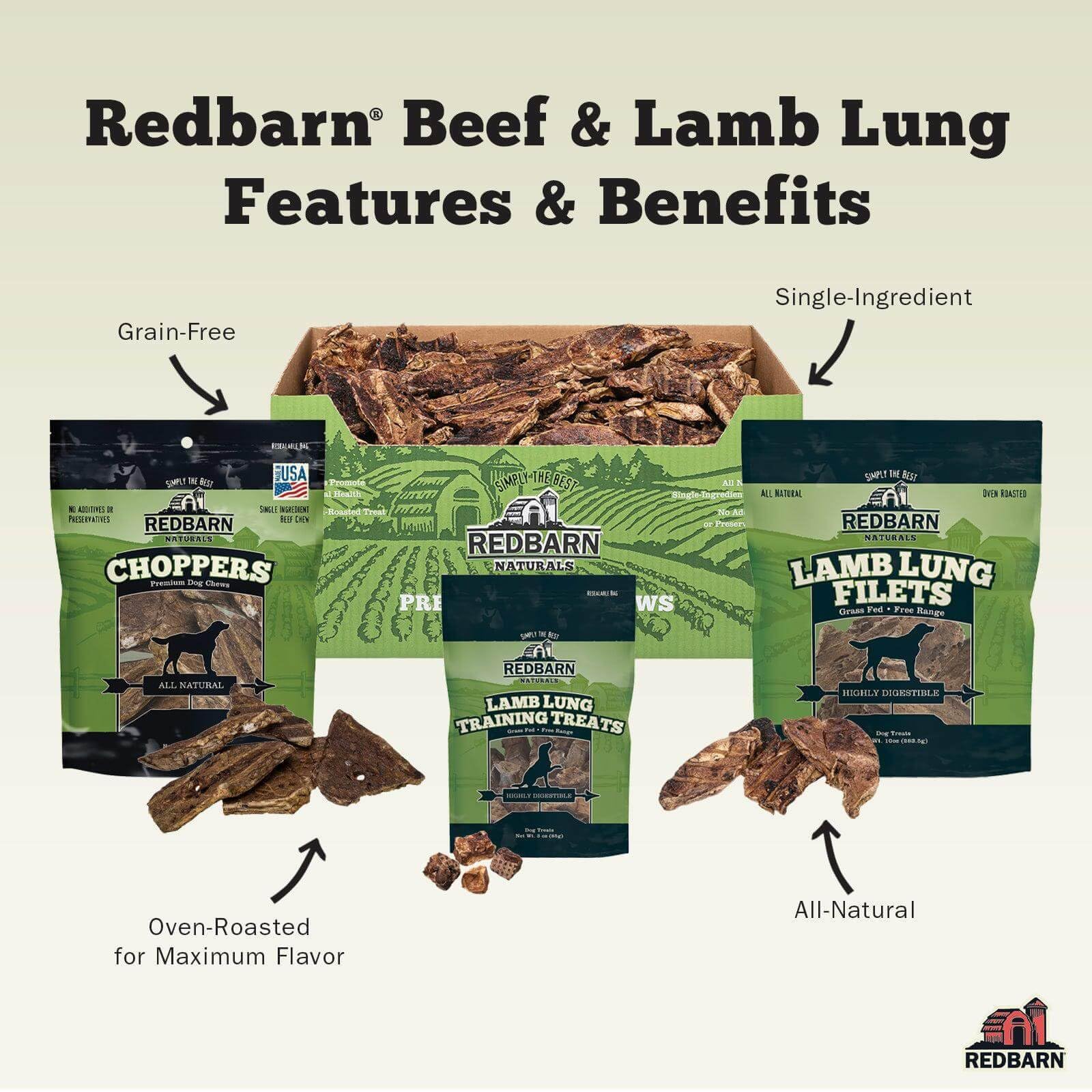 Redbarn Lamb Lung Filets crujiente y aromático para perros.