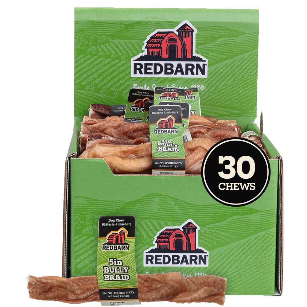 Redbarn palitos trenzados de res 5 pulgadas para perros, textura masticable y duradera.