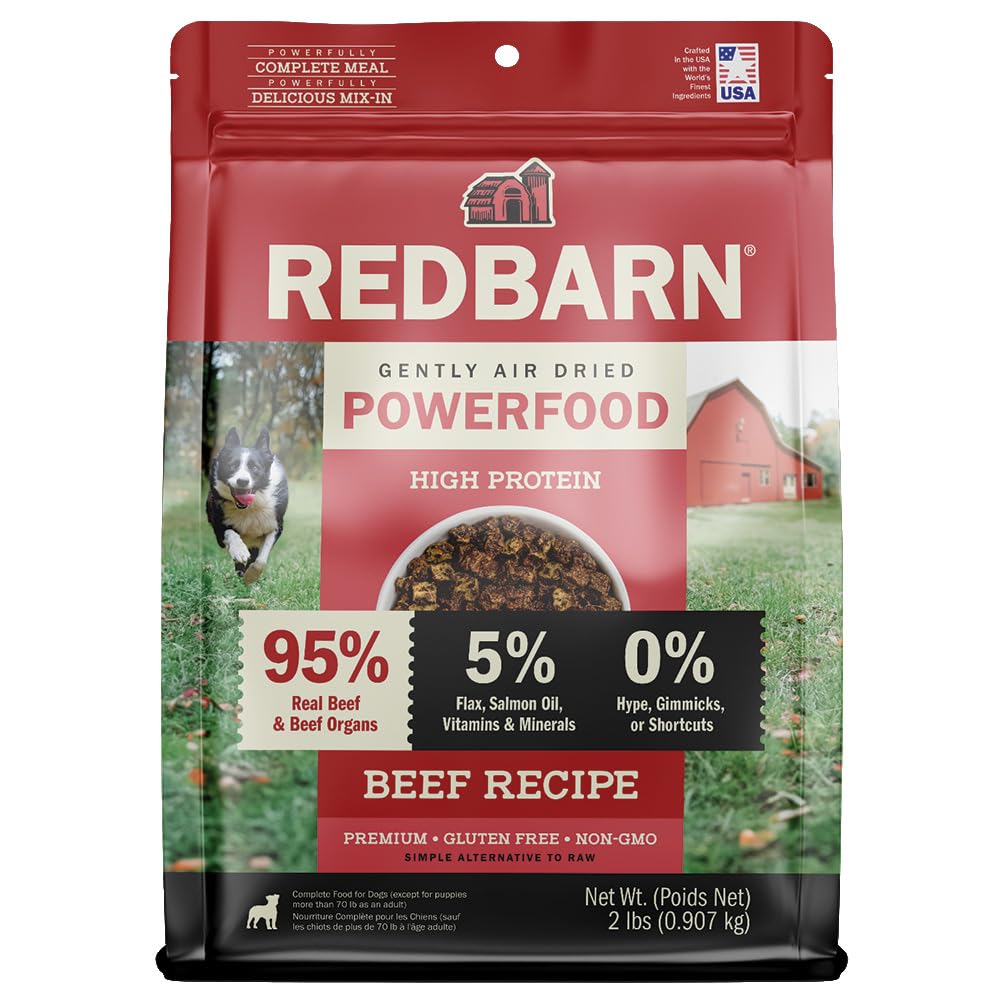 Redbarn Powerfood Air Dried bolsa de 2 libras con carne y órganos al 95% para energía.