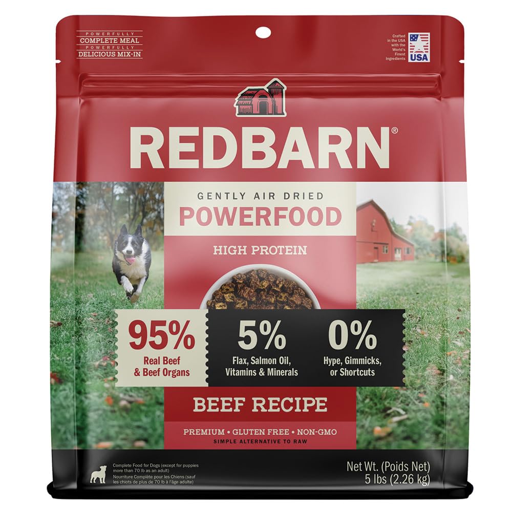 Redbarn Powerfood en bolsa de 5 libras lista para perros activos.