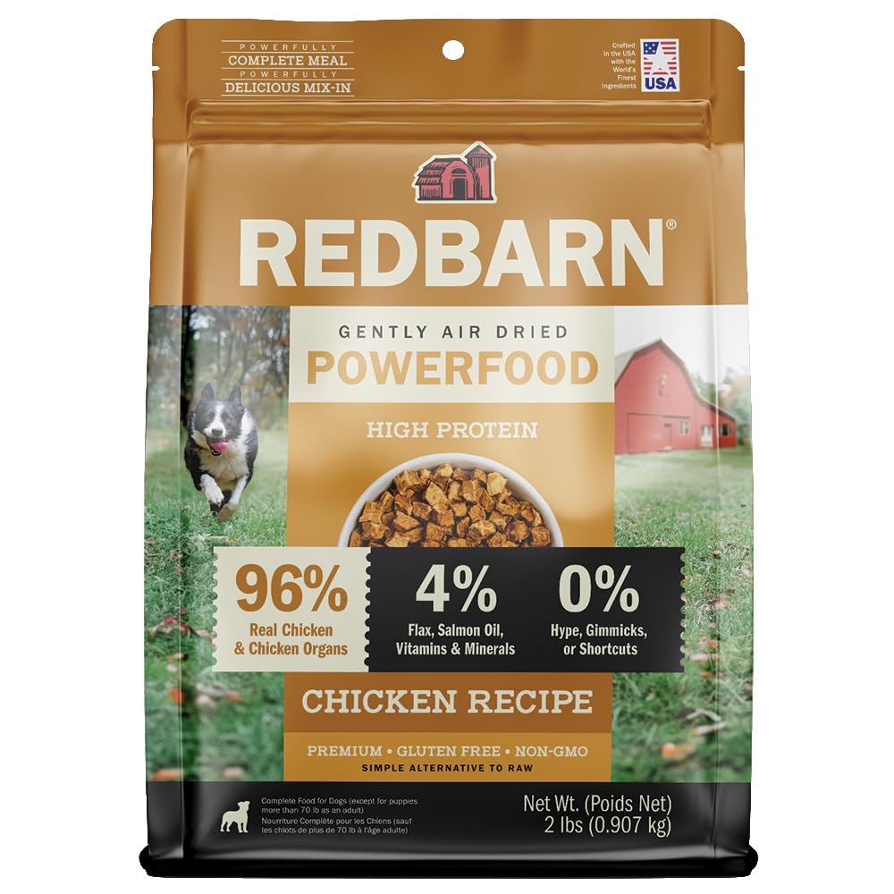 Powerfood Redbarn en envase visible para perros activos, nutrición de alto nivel.