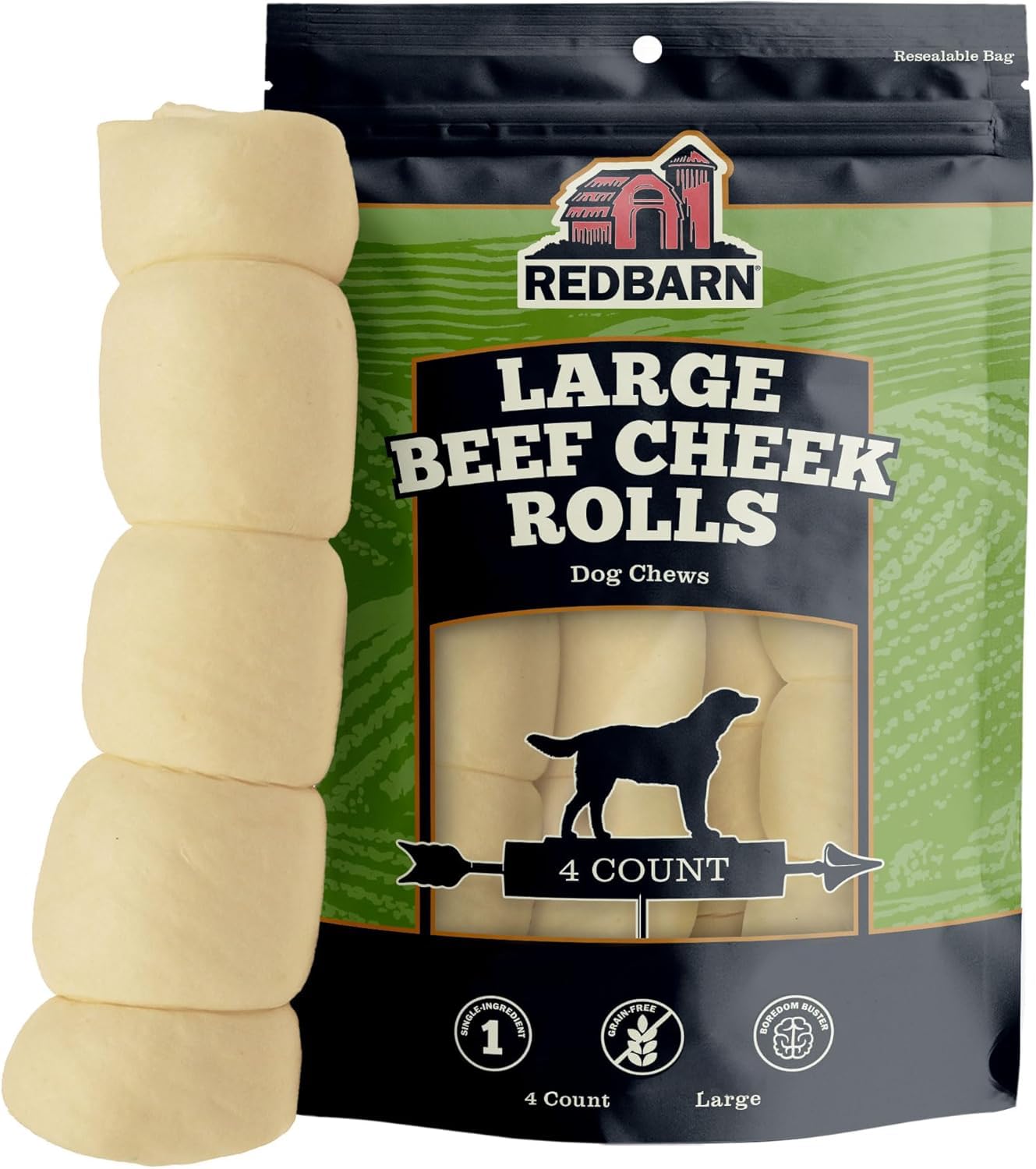 Rollo de mejilla de res Redbarn para perro grande, masticación prolongada sin recubrimiento