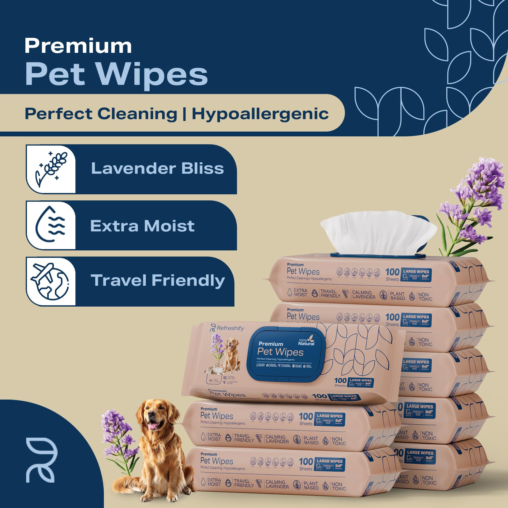 REFRESHIFY toallitas perros-cara-cuerpo: limpieza suave para rostro y cuerpo de mascotas.