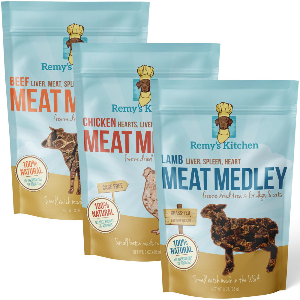 Remy’s Kitchen Meat Medley, empaque 3 unidades, snack conveniente para perros activos.