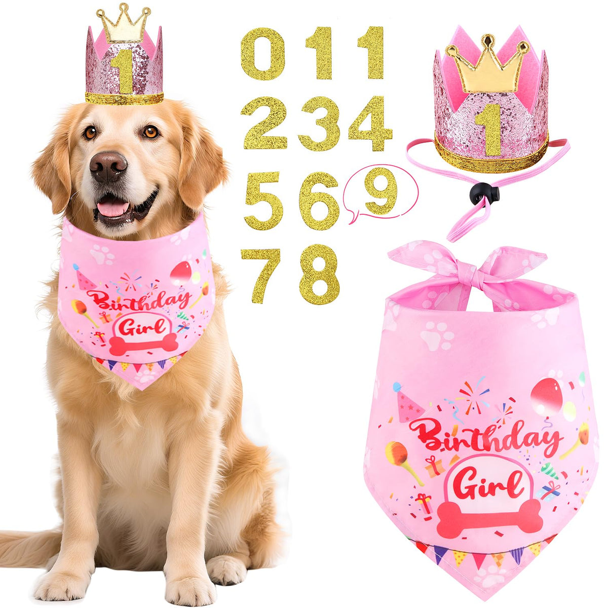 Pañuelo de cumpleaños para perros Rensh en color rosa, ideal para fotos festivas.
