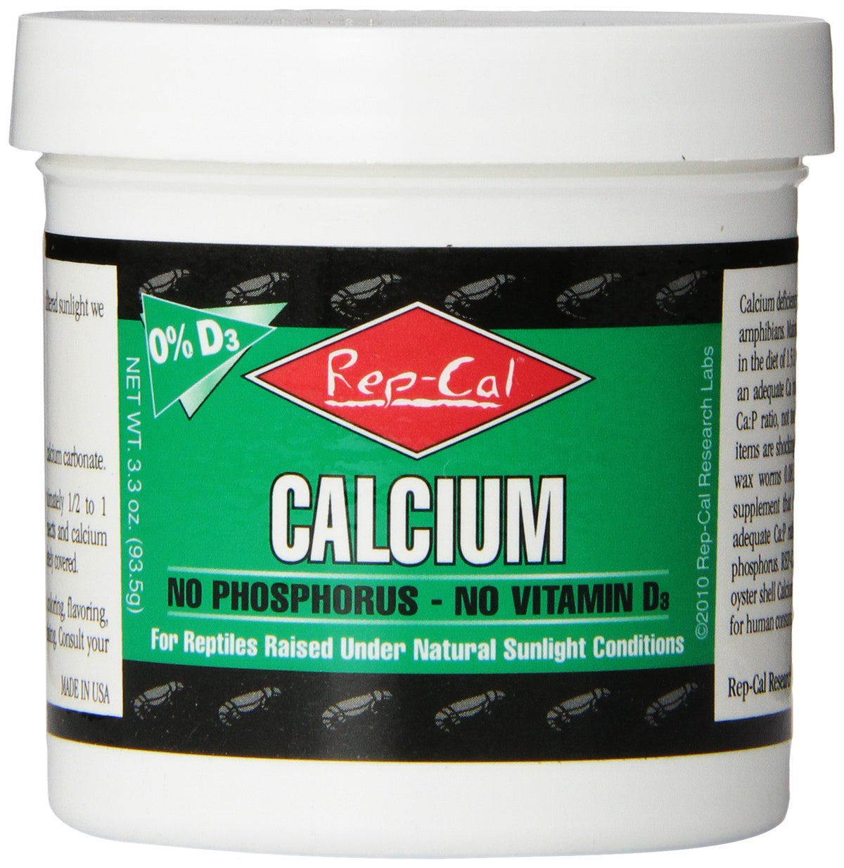 Rep-Cal calcio sin fósforo en frasco, suplemento seguro para reptiles.