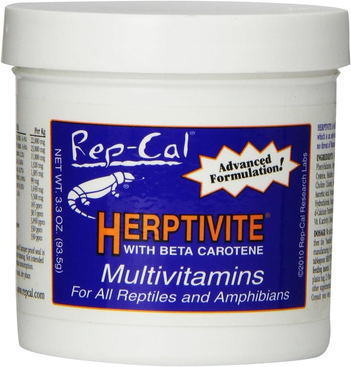 Rep-Cal Herptivite polvo multivitamínico para reptiles y anfibios, mejora la nutrición diaria.