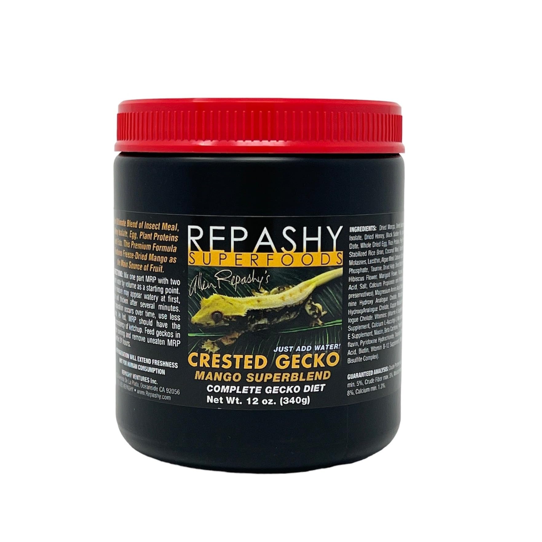 Repashy Crested Gecko MRP Diet Mango, frasco visible, alimento completo para geckos crestados.