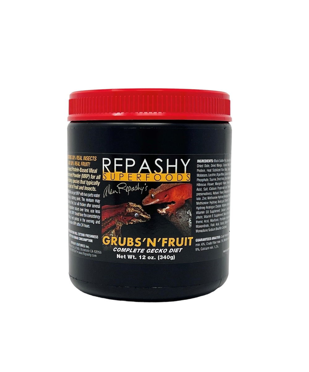 Repashy Grubs 'N' Fruit, dieta cresta para geckos crestados, alto en insectos para balance nutricional.