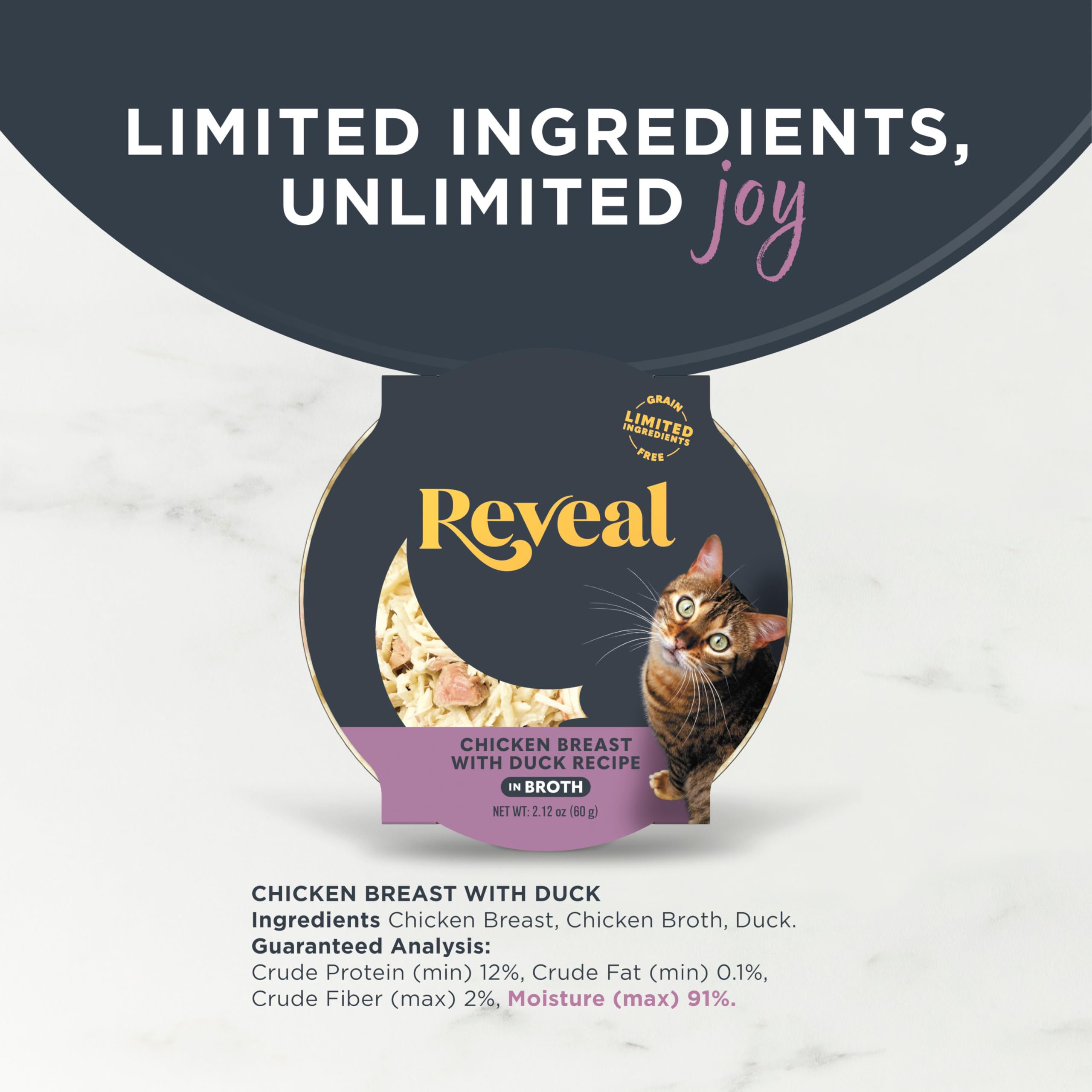 Reveal comida húmeda proteína-principal en caldo, ideal para felinos exigentes.