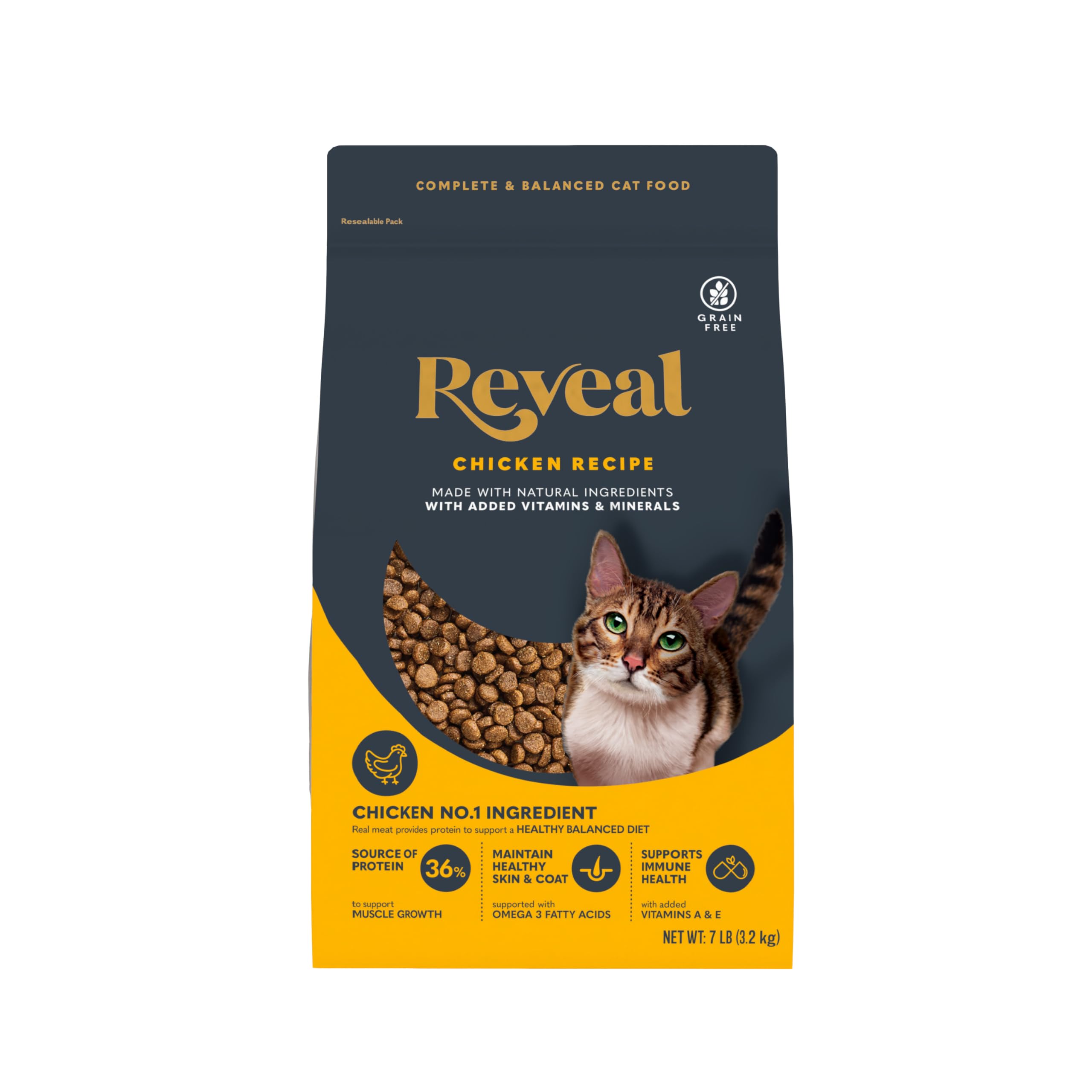 Reveal alimento seco para gatos adultos con proteína real y digestibilidad.