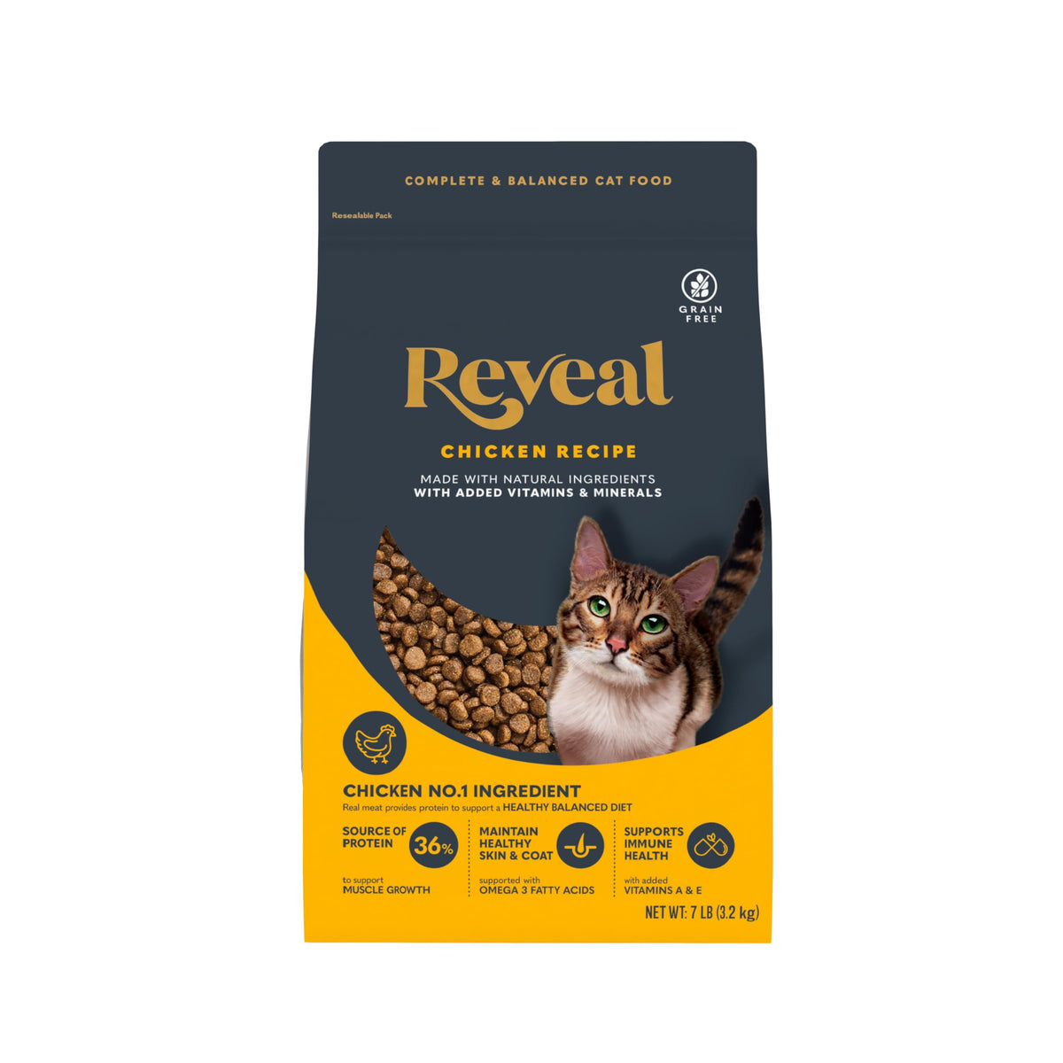 Reveal alimento seco para gatos adultos con proteína real y digestibilidad.