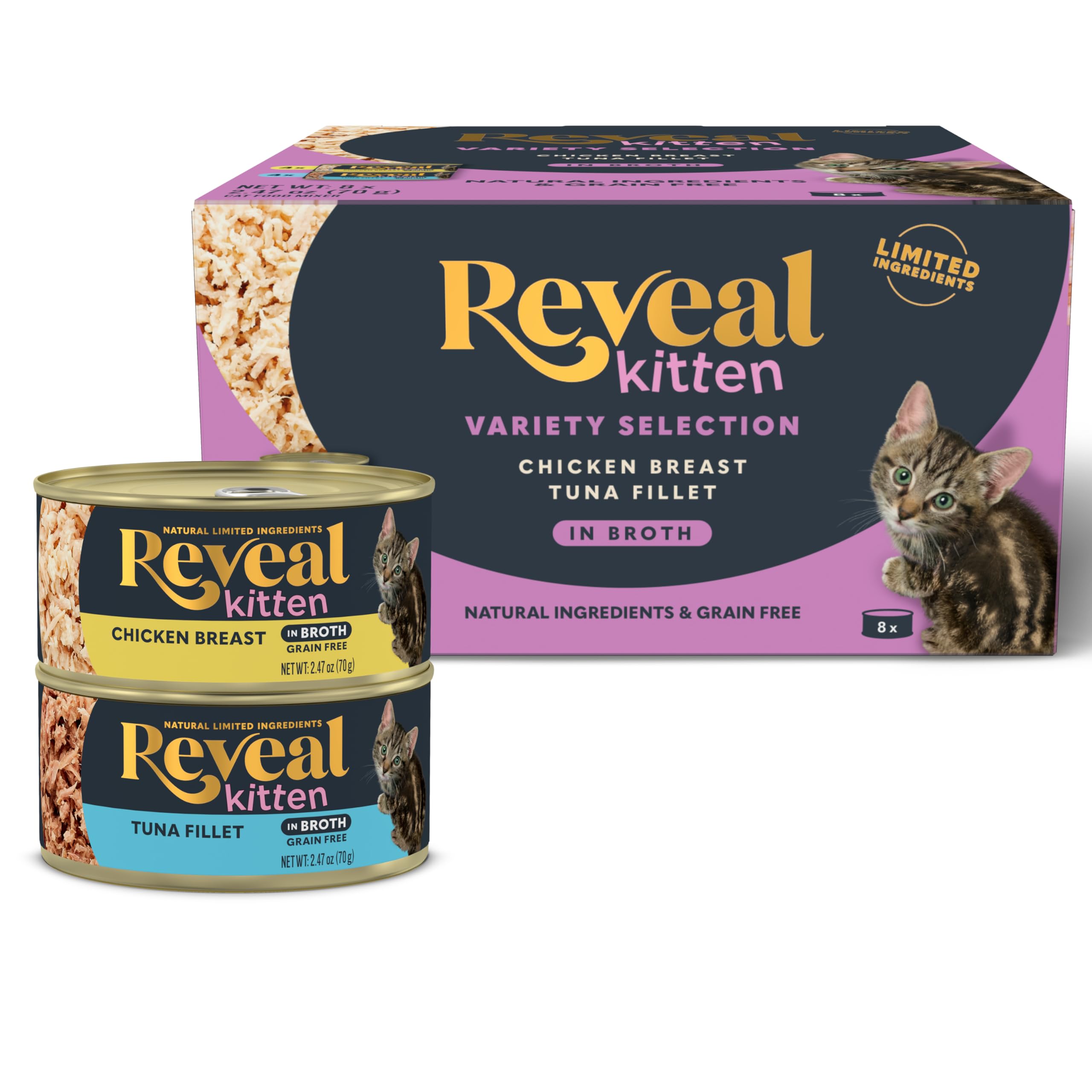 Reveal comida húmeda para gatitos en lata con proteína real y sabor suave.