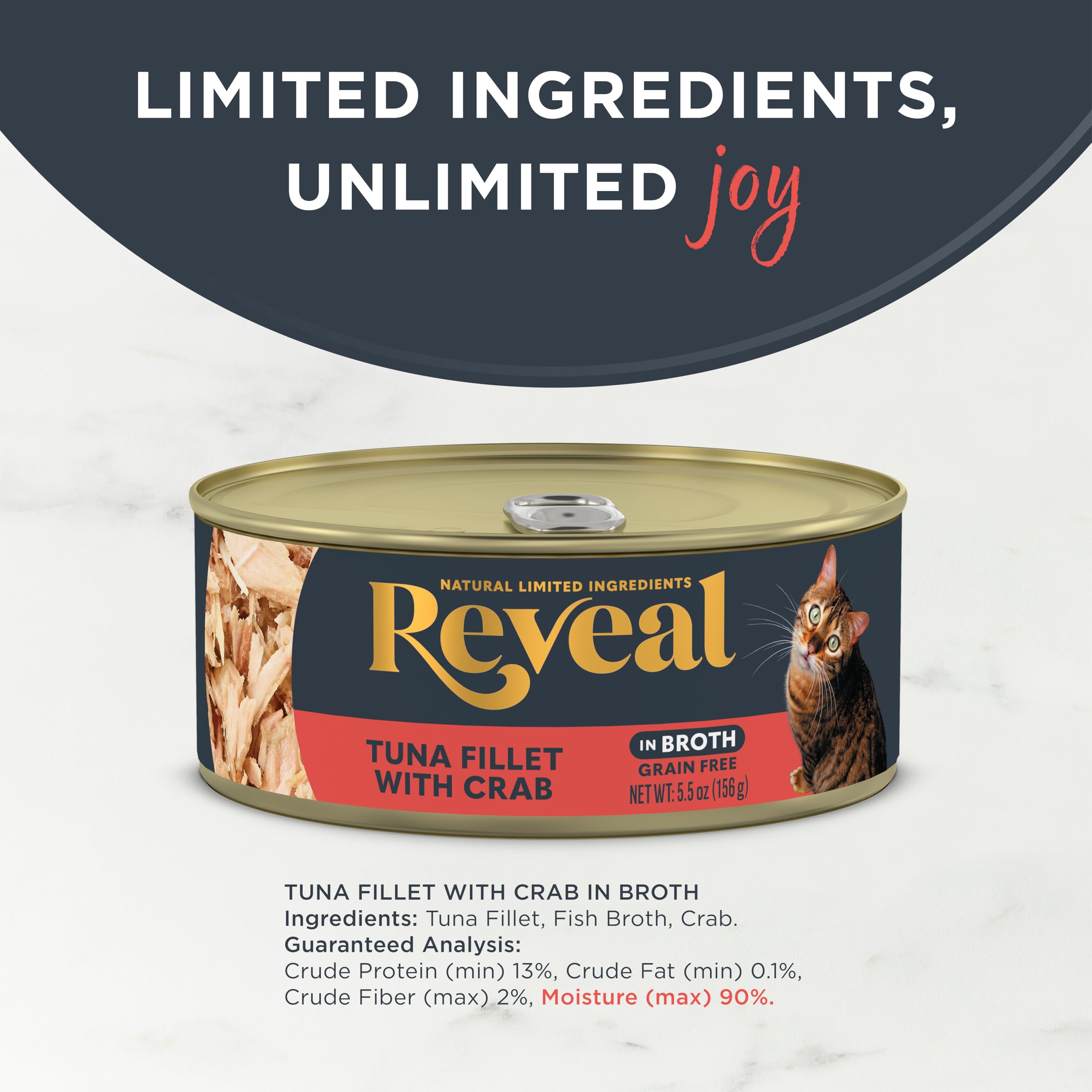 Reveal: comida húmeda natural para gatos, con filete de atún y cangrejo.