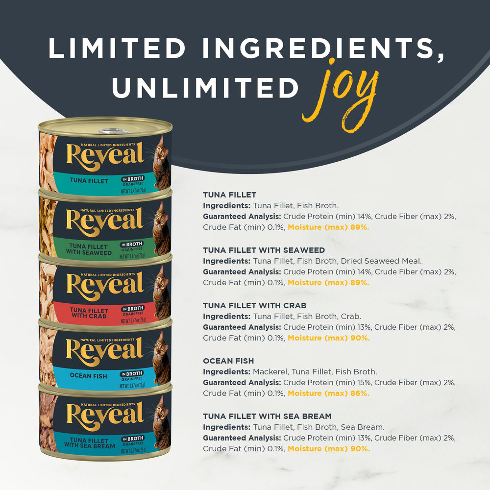 Reveal conjunto de 30 latas para gatos, variedad de sabores y formatos prácticos.