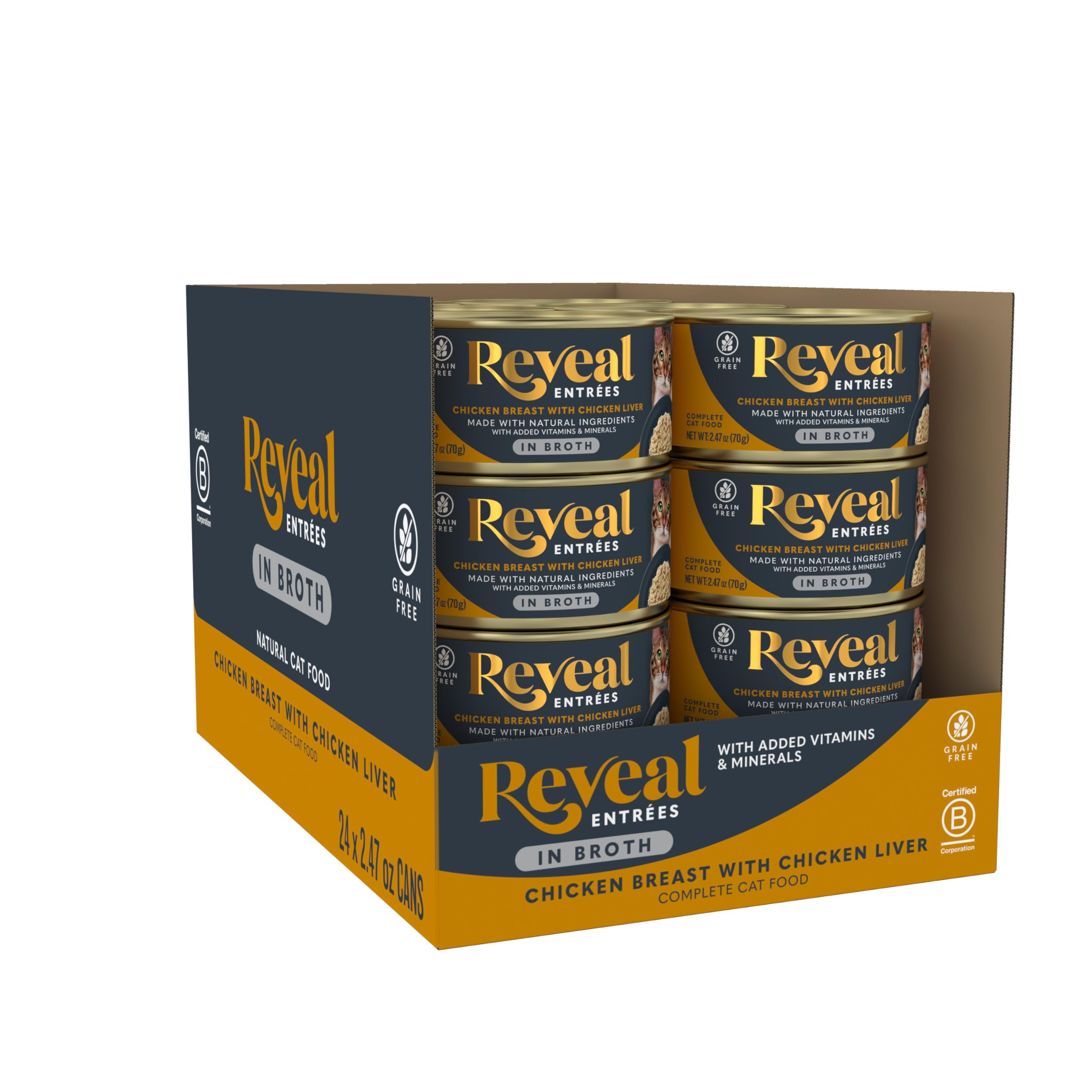 Reveal Entrées: caldo premium para gatos, hidratante y sabroso, con nutrientes esenciales.
