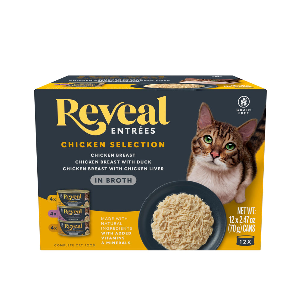 Reveal Entrées, lata de pollo en caldo premium para hidratación y sabor diario.