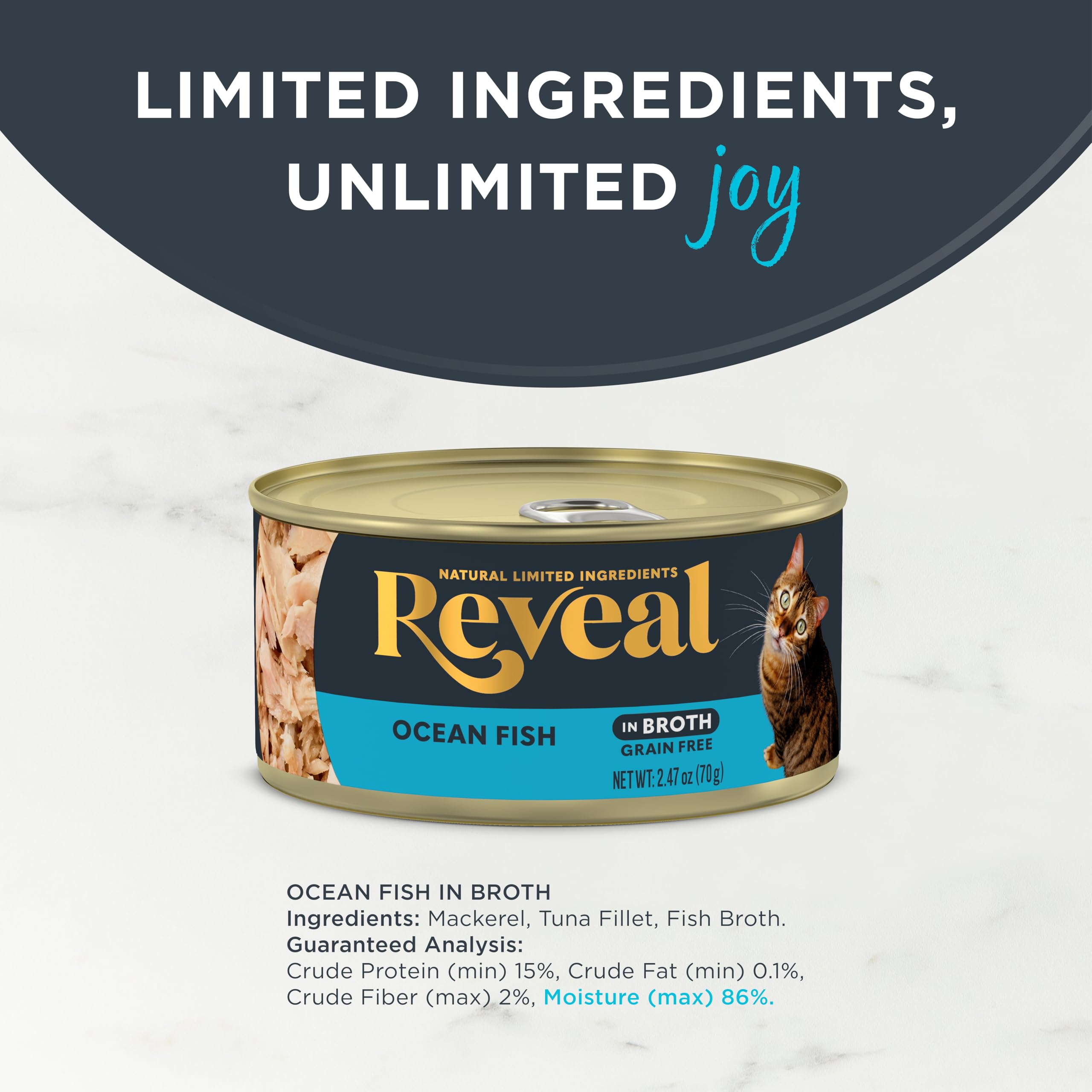 Reveal Gato: ingredientes limitados y naturales sin aditivos artificiales.
