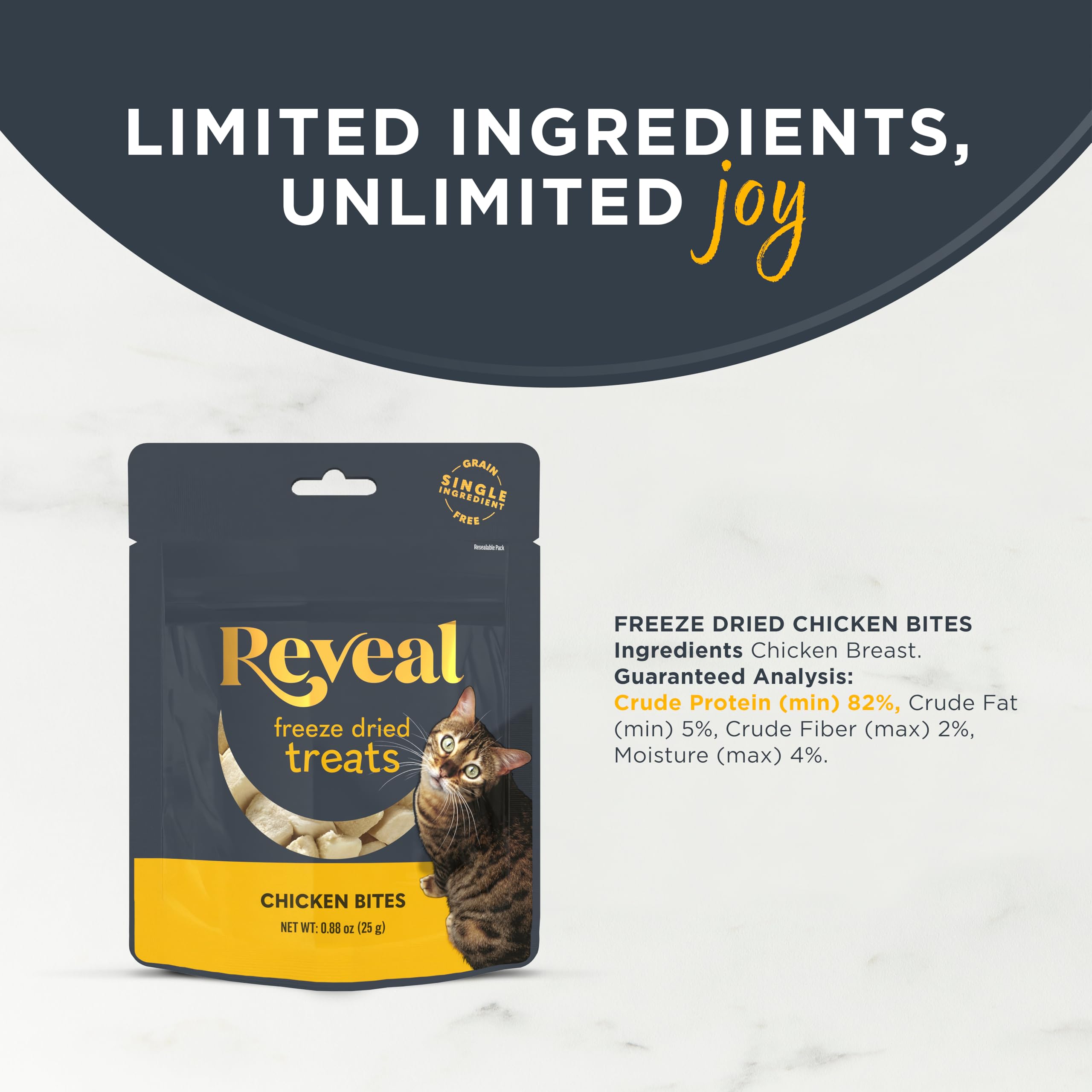 Premios Reveal sin granos, proteína limpia para gatos sensibles.