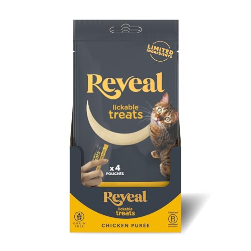 Puré natural Reveal para gatos en bolsitas, textura suave para morder.