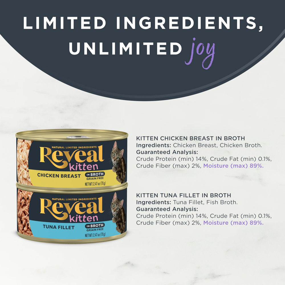 Sabores pollo de Reveal para gatito ofrecen proteína real y aroma.