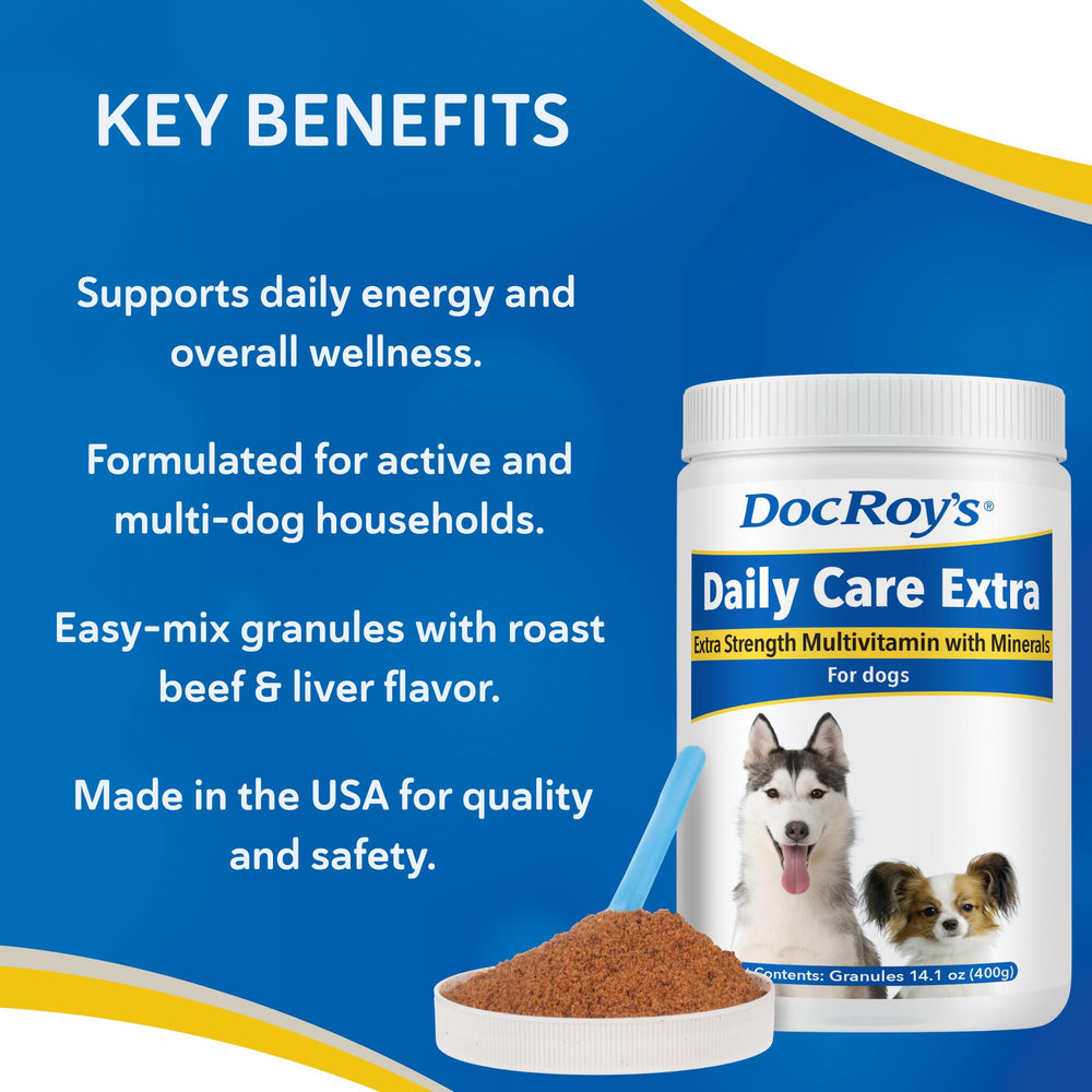 Granulos de Doc Roy's Daily Care Extra Canine, textura fácil de mezclar.