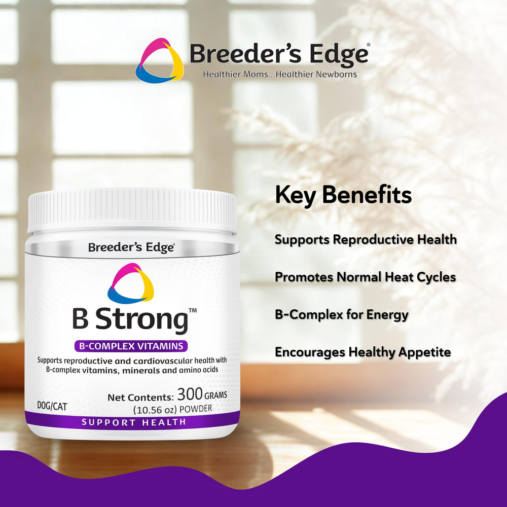 Etiqueta frontal de Breeder’s Edge B Strong con información.