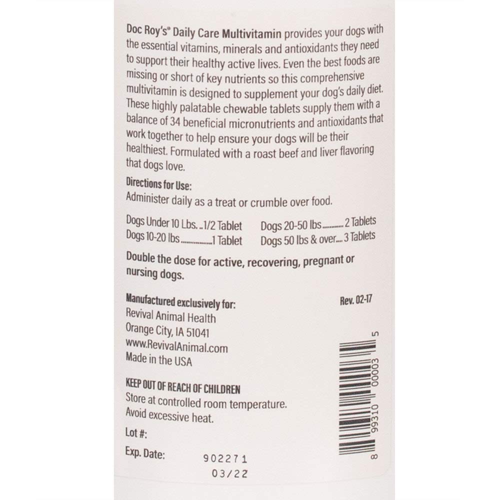 Doc Roys Daily Care contiene B12 y D3 para energía y apoyo inmune.