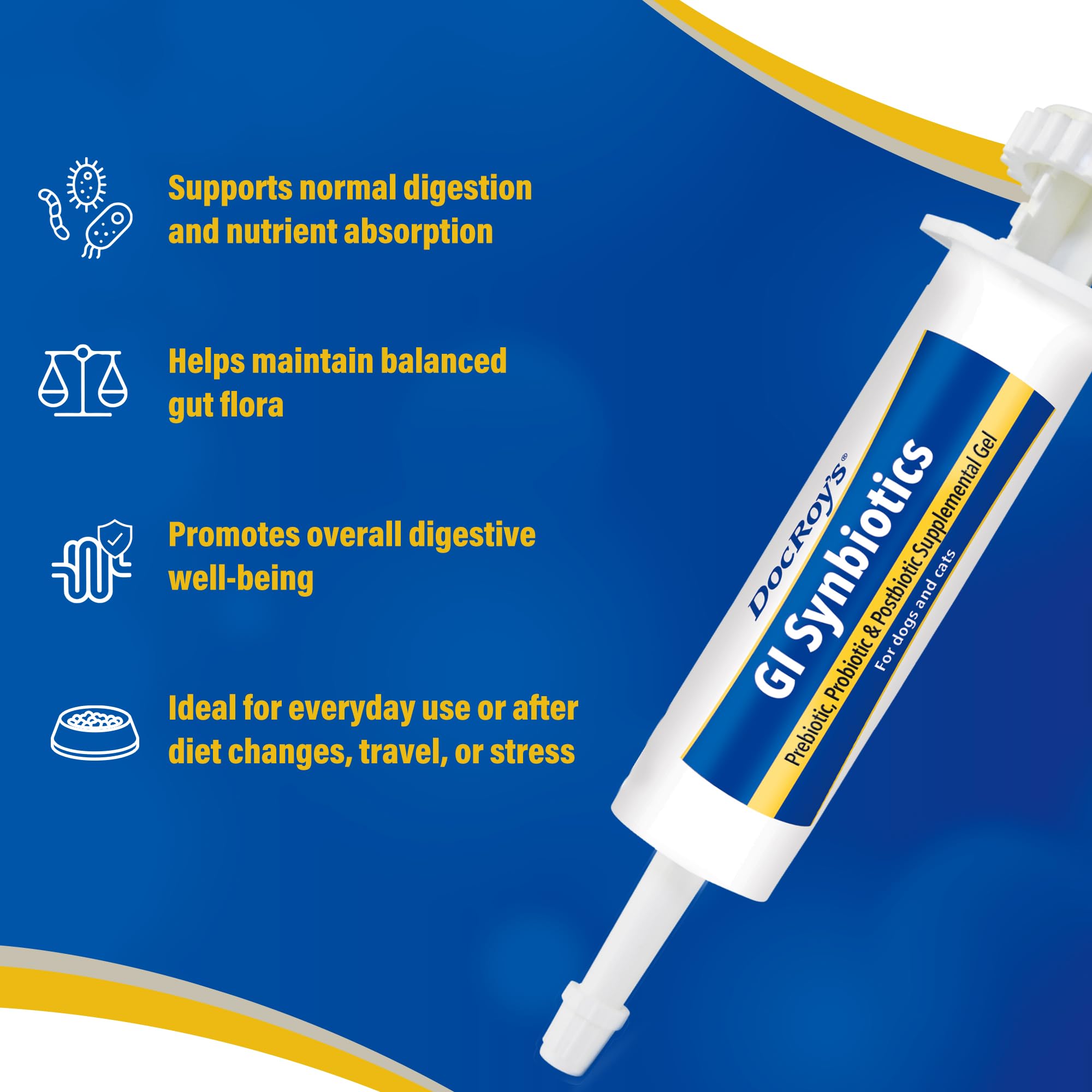 Doc Roy’s GI Synbiotics Gel apoya el sistema inmunitario gracias a la flora intestinal equilibrada.