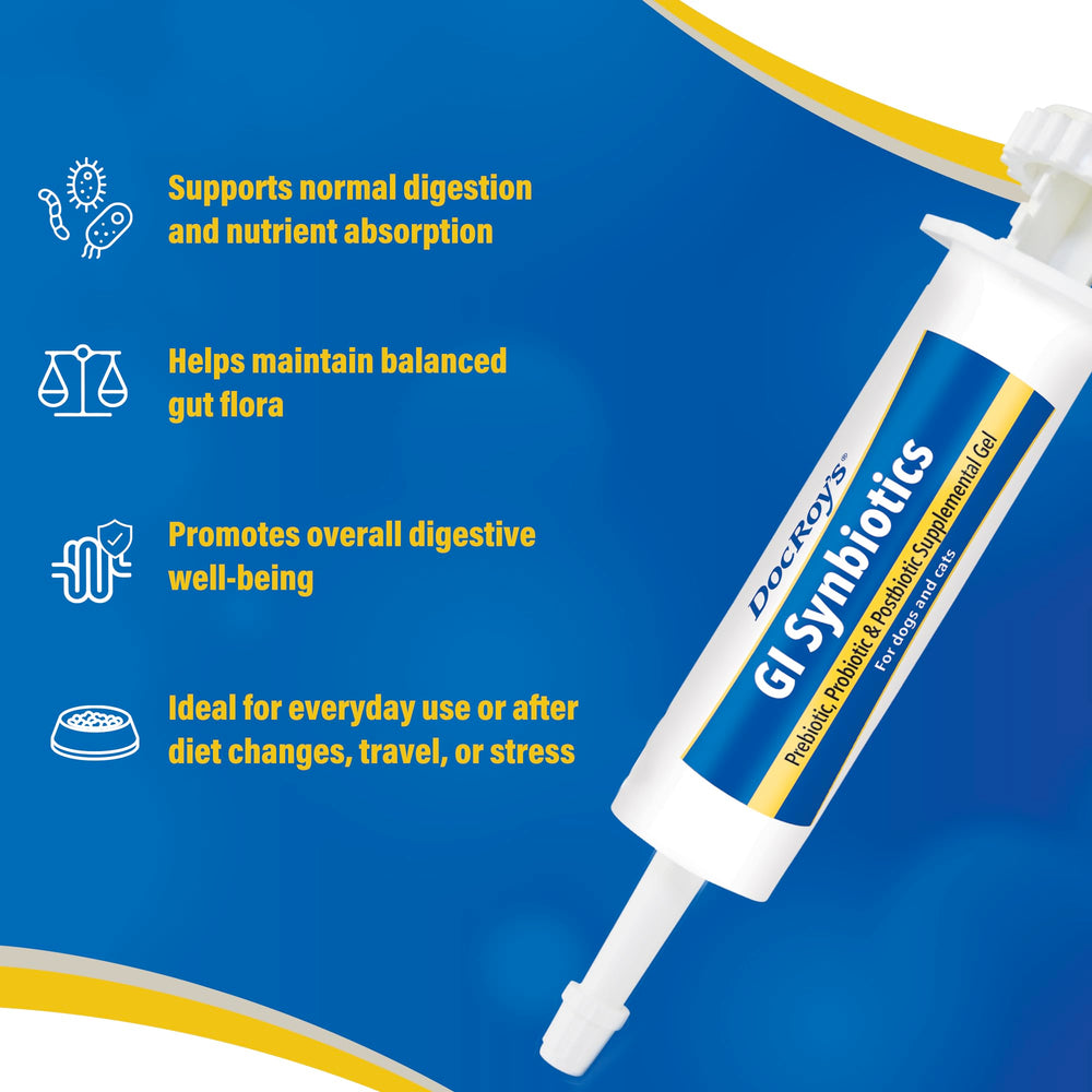 Doc Roy’s GI Synbiotics Gel apoya el sistema inmunitario gracias a la flora intestinal equilibrada.