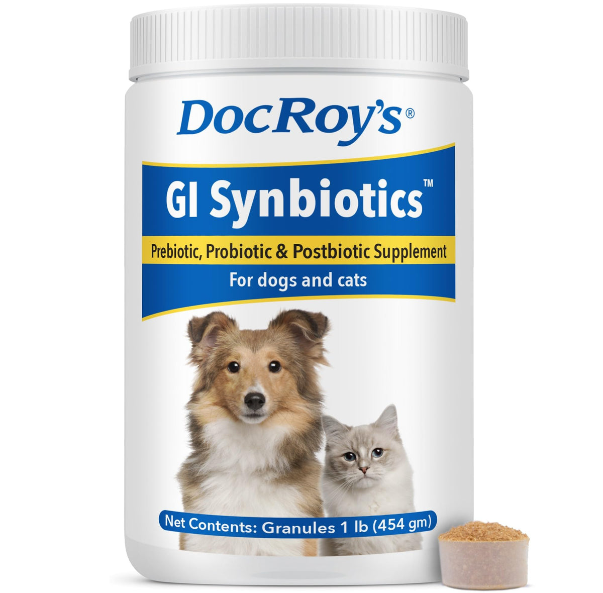 Revival Doc Roy's GI Synbiotics granulado en frasco para perros y gatos, apoyo digestivo diario.