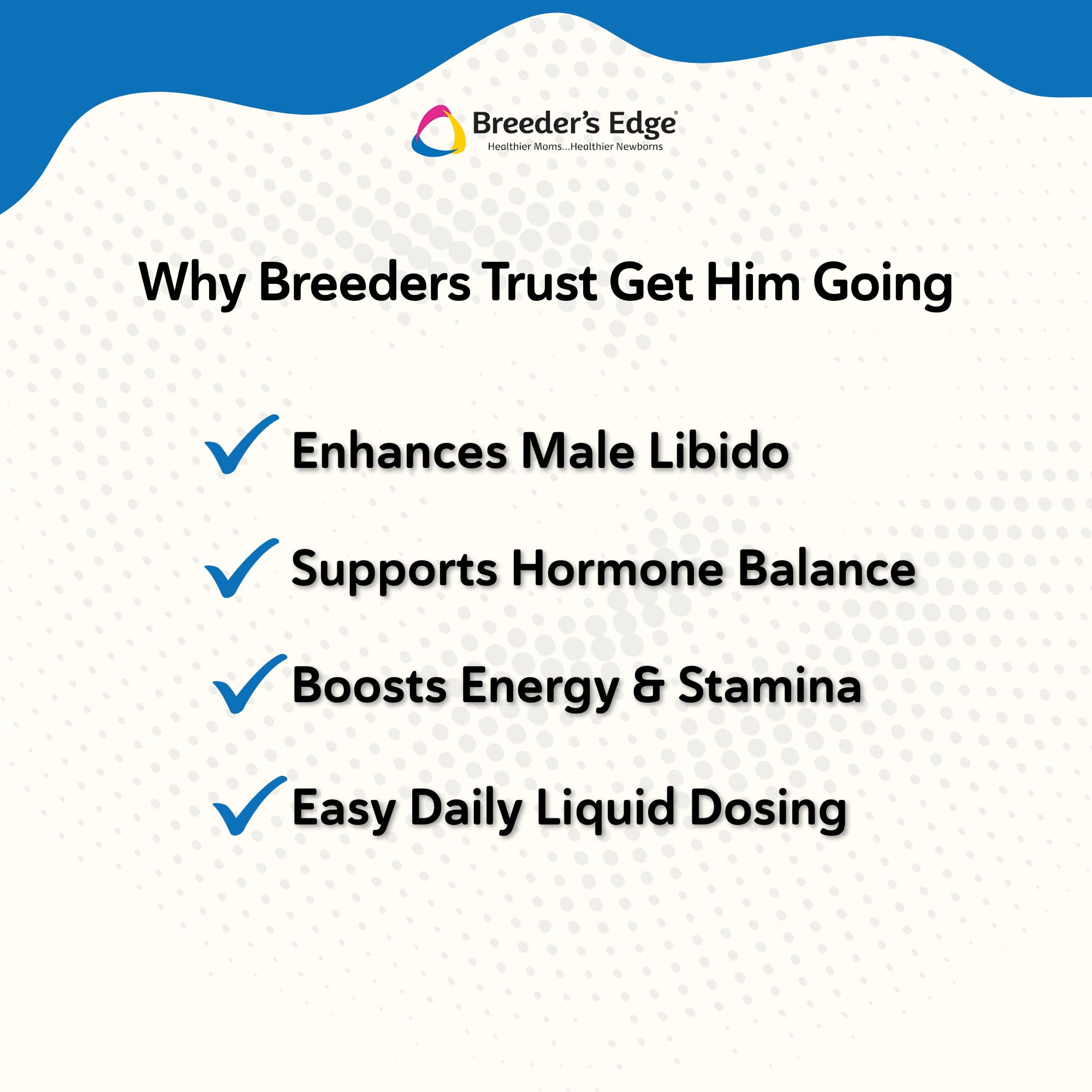 Breeder’s Edge Get Him Going: envase de 30 ml, tamaño compacto.