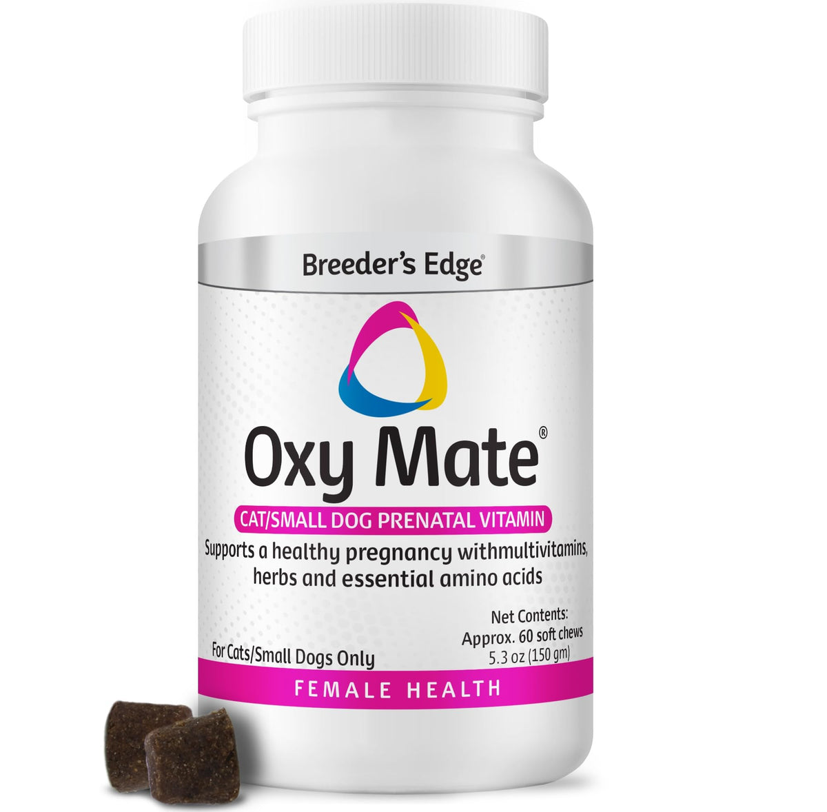 Breeder's Edge Oxy Mate en botella prenatal con 60 pastillas para perros y gatos.