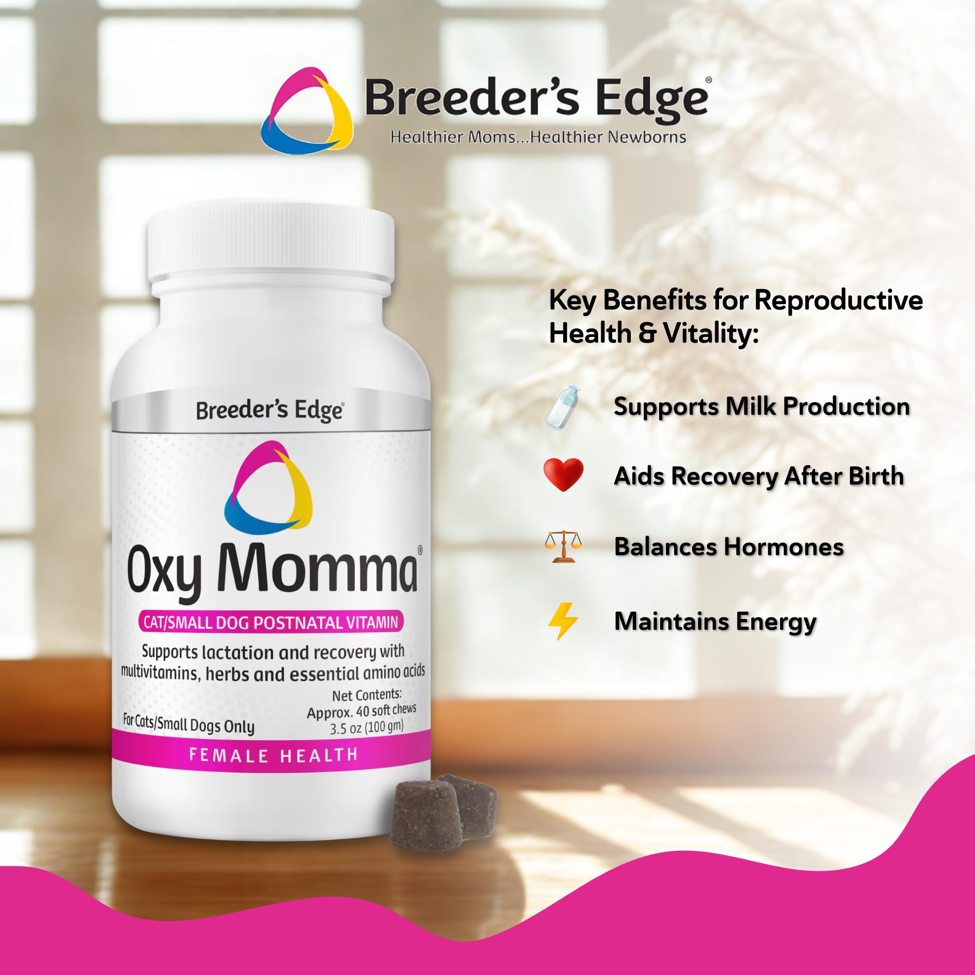 Presentación en envase de Oxy Momma Soft Chews para recuperación posparto de madres.